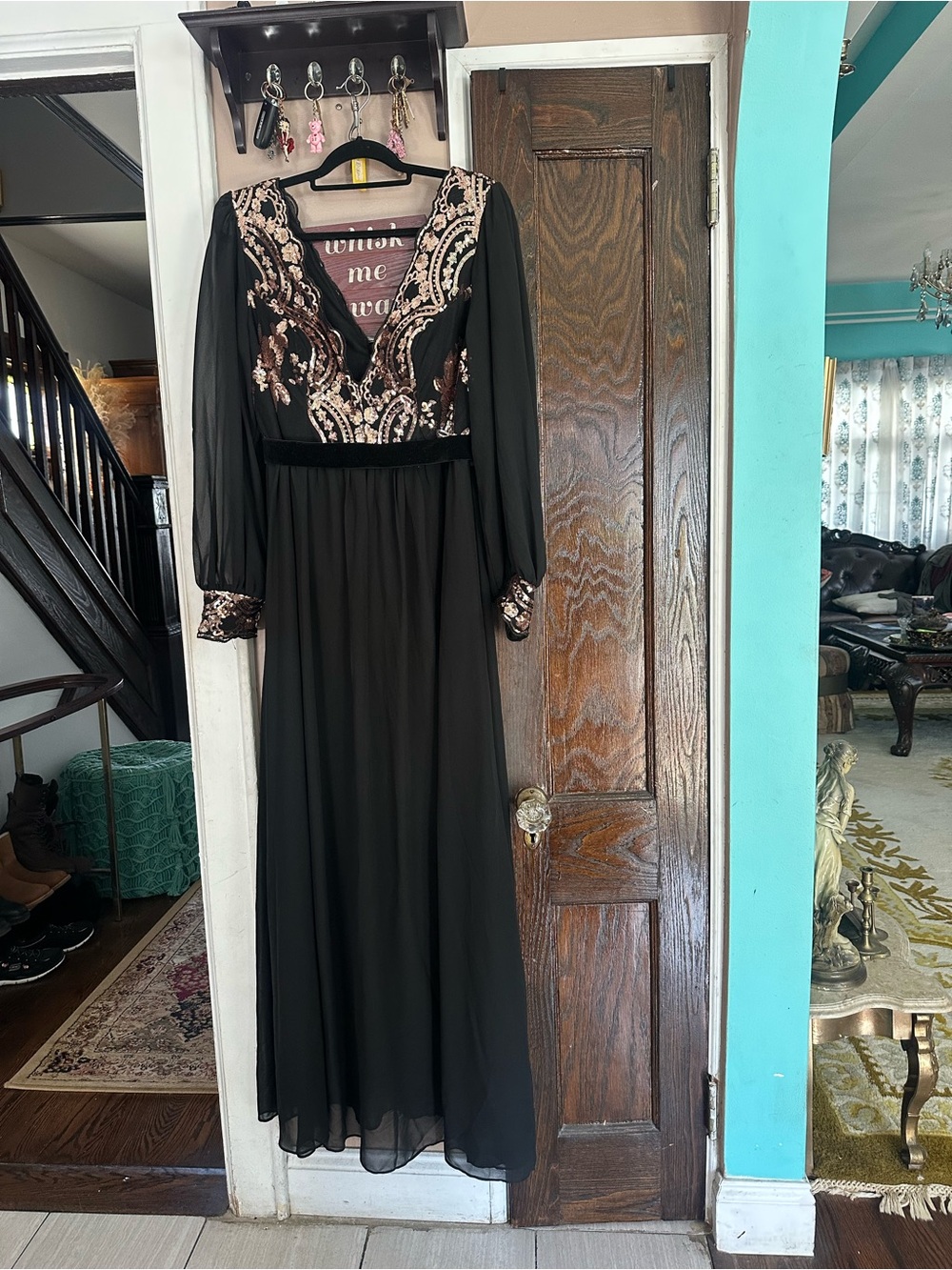 Black Long-Sleeve Embroidered Maxi Dress with Rose-Gold Detail
